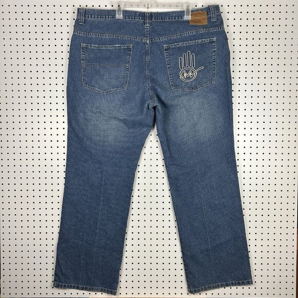 Miskeen Blue Y2K Baggy Jeans 42x34 Logo Stitched Streetwear Skate Wide Leg Denim - Picture 1 of 7